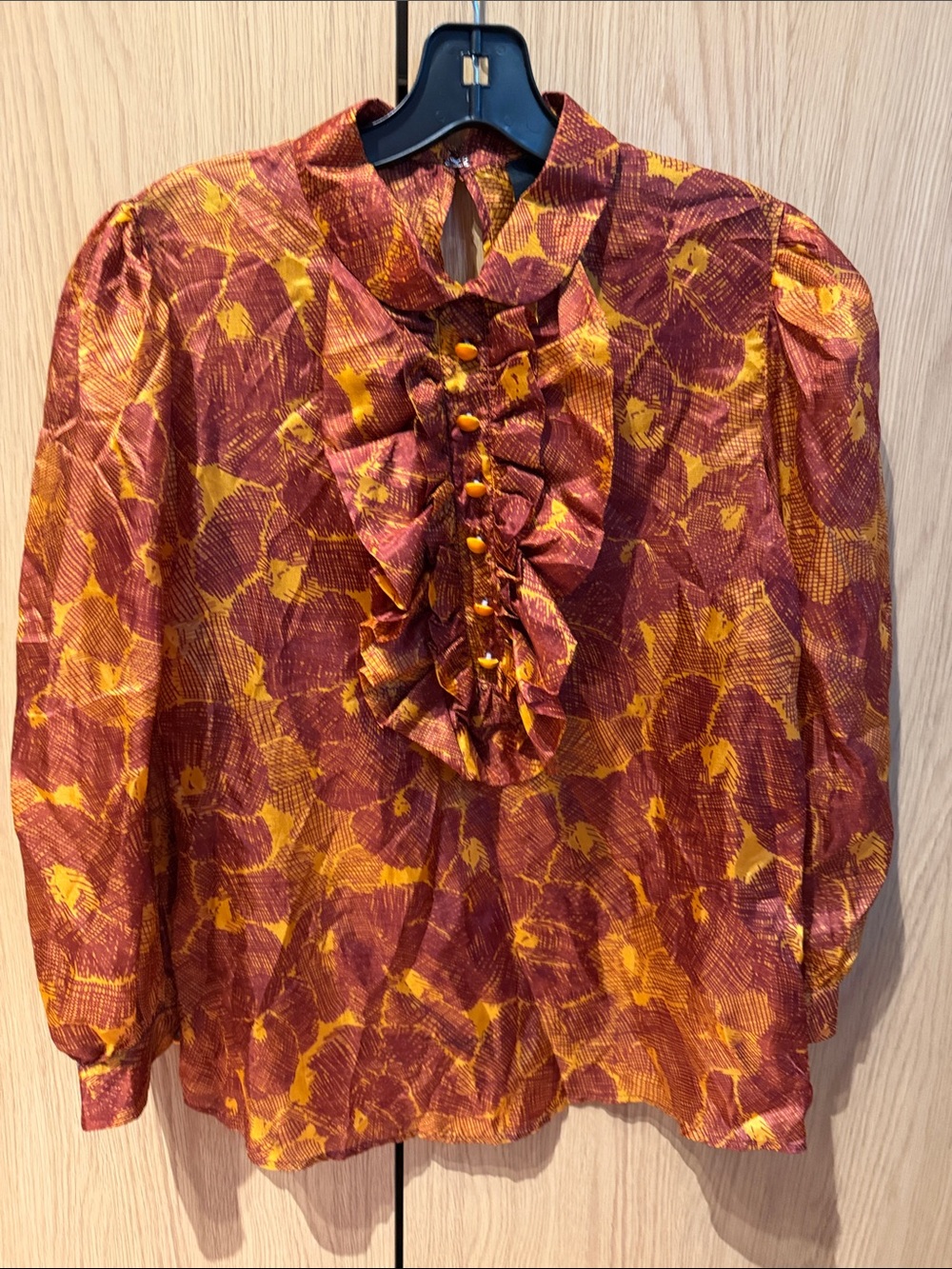 Roberto Cavalli 100% Silk Gold and Burgundy Printed Silk Blouse ( Made in Italy)